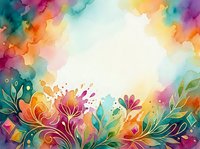 Vibrant watercolor floral border with rainbow ink washes and botanical elements on white background, suitable for greeting cards, invitations, and design projects.