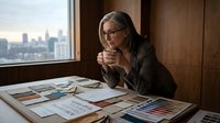 Mature woman with gray hair and glasses wearing brown blazer sits at wooden desk reviewing color swatches and design samples with city skyline visible through window behind her, suitable for business, creative professional, and corporate design projects.