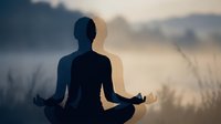 Silhouette of a woman meditating in lotus position during misty dawn, surrounded by fog and nature. Wellness and mindfulness concept for yoga, meditation, and mental health applications.