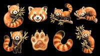 Cute red panda clipart set with eight watercolor elements isolated on transparent background, ready for stickers, t-shirt design, print on demand, and sublimation.