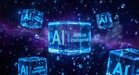 Glowing blue AI cubes floating in cosmic space with artificial intelligence text, futuristic technology concept for machine learning and digital innovation.