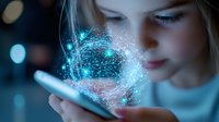Young caucasian girl looking at smartphone with glowing blue digital network hologram effect emerging from screen, representing future technology and connectivity.