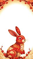 Red ornate rabbit with golden patterns sits among cherry blossoms on warm gradient background for lunar new year celebrations and festive greeting cards.