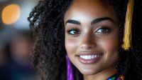 Young African American female graduate with natural curly hair wearing graduation cap with gold tassel, showing bright smile against blurred background. Celebration of achievement.