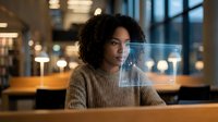 Young woman with curly dark hair and medium skin tone wearing beige ribbed sweater, holding transparent glass with water, sitting at wooden table in modern office with blurred city lights background.