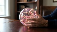 Businessman hands protecting glowing brain network with golden neural connections representing artificial intelligence and mental health innovation in modern office.