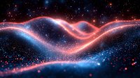 Cosmic waves of pink and blue light dance across starry space background, creating ethereal aurora-like patterns with glowing particles and luminous energy streams.