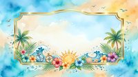 Tropical summer frame with palm trees, colorful flowers, sun, and ocean waves in watercolor style, isolated on white background for design projects.