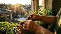 Elderly hands gently tending to green plants in urban balcony garden during golden hour sunset with city buildings in background for gardening and wellness.