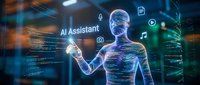 Futuristic holographic humanoid figure with glowing circuits interacting with AI assistant interface icons in high-tech digital environment for technology concepts.