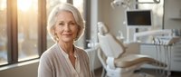 Senior Caucasian woman smiling confidently in modern dental office with professional equipment and bright natural lighting for healthcare marketing.