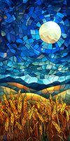 Mosaic style landscape with golden wheat field under full moon and deep blue night sky. Stained glass effect creates dramatic contrast between warm earth and cool celestial elements.