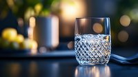 Crystal cut whiskey glass with amber liquid on dark surface with warm bokeh lights creating elegant bar atmosphere for luxury dining and cocktail service.