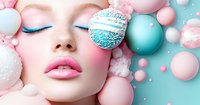 Dreamy beauty portrait with pink lips and closed eyes surrounded by pastel pink and turquoise Christmas ornaments on mint background. Fashion makeup art.