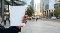 Person with medium skin tone holding blank white card in urban downtown setting with blurred pedestrians and skyscrapers, suitable for advertising and marketing campaigns.