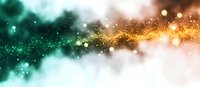 Magical abstract background with glowing green and golden particles floating in misty space, creating ethereal bokeh effect and dreamy atmosphere.