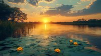 Tranquil lake at sunset with blooming water lilies floating on calm surface, golden sun rays reflecting in water through dramatic clouds, silhouettes of reeds and trees.