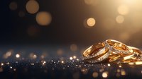 Golden wedding rings with diamonds on dark surface with magical bokeh lights and sparkles creating romantic atmosphere for wedding ceremony or proposal.
