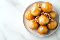 Golden honey glazed donuts topped with crushed walnuts served on white ceramic plate against marble background, fresh homemade pastries for breakfast.