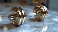 Golden dumbbell on marble surface, symbolizing luxury fitness and premium gym equipment for strength training.