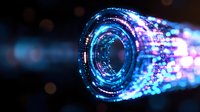 Futuristic glowing blue and purple circular tunnel with digital particles and light effects on dark background, abstract technology concept for digital transformation.