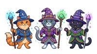Wizard cats wearing magical hats and robes, holding enchanted staffs and glowing orbs. Orange, gray, and black feline characters with mystical elements for fantasy, children's content, and magical themes.