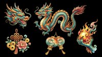 Ornate dragon heads and mythical creatures isolated on transparent background, ready for t-shirt design, clipart, stickers, sublimation and print-on-demand projects.