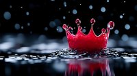 Red crown liquid splash with reflection on dark background and water drops, dramatic lighting creates magical atmosphere for royal concept photography.