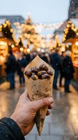Hand holding paper cone filled with roasted chestnuts at festive Christmas market with warm bokeh lights and holiday atmosphere in evening.