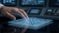 Hand touching holographic digital interface with glowing circuit patterns on futuristic tablet in high-tech control room environment for technology concepts.