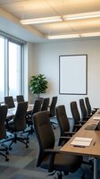 Modern corporate boardroom with conference table and executive chairs for business meetings and presentations in professional office environment.