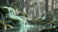 Enchanted forest waterfall with glowing magical particles flowing over moss-covered rocks into serene pond surrounded by mystical woodland atmosphere.