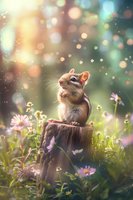 Adorable chipmunk sitting on wooden stump surrounded by pink daisies in magical spring garden setting with dreamy bokeh lights and soft natural sunlight.