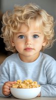 Adorable blonde toddler boy with curly hair eating healthy breakfast cereal from white bowl, wearing gray sweatshirt, childhood nutrition concept.