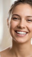 Young Caucasian woman with radiant smile showing white teeth, natural makeup and glowing skin. Close-up portrait for beauty, skincare and dental care concepts.