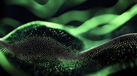 Glowing green particle wave formation on black background creates dynamic flowing motion effect with dots and lines forming abstract digital landscape.