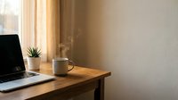 Wooden desk with laptop, steaming mug, and potted plant by window with warm sunlight, creating a calm workspace for remote work or creative projects.