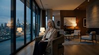 Senior woman with gray hair, Caucasian ethnicity, sitting in modern luxury apartment with floor-to-ceiling windows overlooking city skyline at dusk, wearing casual blazer, contemplative pose for lifestyle and real estate concepts.