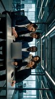 Diverse business team of five professionals standing together in modern office corridor with glass walls and city skyline views, representing corporate collaboration and teamwork.