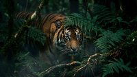 Majestic tiger emerges from dense tropical jungle foliage with ferns and shadows creating dramatic wildlife scene for nature conservation campaigns.