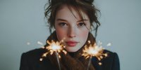 Young woman holding sparklers with warm glow against neutral background. Festive celebration portrait with golden lights and cozy winter fashion.