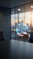 Businessman holding glowing digital globe with smart city network visualization in modern office with sunset cityscape background for technology and innovation concepts.