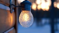 Frosted light bulb covered in ice crystals glowing warmly against cold winter evening background, creating magical contrast between warm and cool tones.