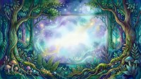 Enchanted forest canopy frames magical glowing portal with ethereal light, mystical woodland creatures, lush vegetation, and cosmic energy. Fantasy art for book covers, games, and creative projects.