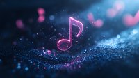 Glowing pink musical note floating over sparkling blue surface with bokeh lights and magical particle effects creating dreamy atmospheric composition.
