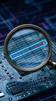 Magnifying glass revealing malware detection alerts on computer circuit board with digital code and intrusion warnings for cybersecurity threat analysis.