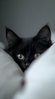 Black cat with bright blue eyes peeking out from white bedding, creating mysterious and playful mood. Close-up portrait captures feline curiosity and innocence.