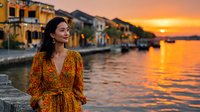 Young Asian woman in golden dress enjoying sunset by waterfront with colorful buildings and boats reflecting in calm water during golden hour vacation.