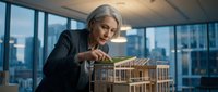 Mature female architect with gray hair examining architectural model in modern office with city skyline view, professional design planning and construction development concept.