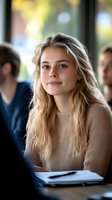 Young blonde woman student listening attentively during university lecture with classmates in background for educational content.